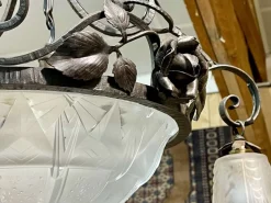 New Pamono Art Deco Chandelier in Glass and Wrought Iron from Muller Frères Luneville