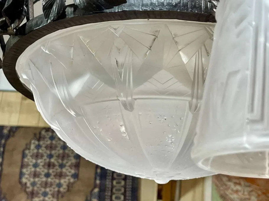 New Pamono Art Deco Chandelier in Glass and Wrought Iron from Muller Frères Luneville