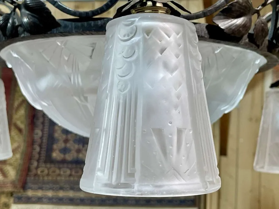 New Pamono Art Deco Chandelier in Glass and Wrought Iron from Muller Frères Luneville