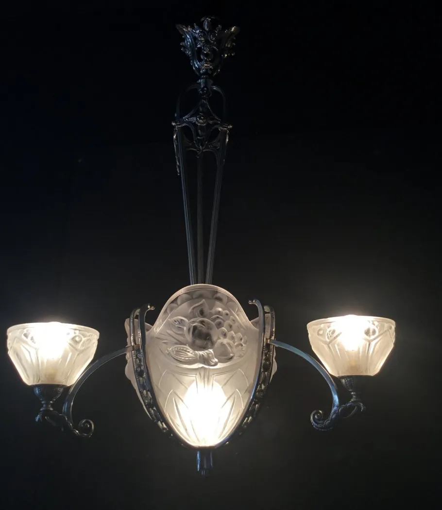 Best Pamono Art Deco Chandelier in Nickel-Plated Bronze by Pierre Gilles, Paris, France, 1925