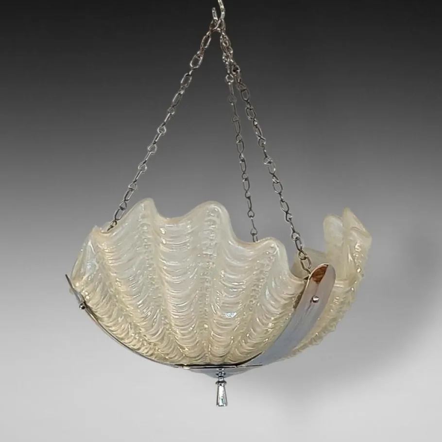New Pamono Art Deco Clam Shell Frosted Glass and Chrome Hanging Light, 1920s