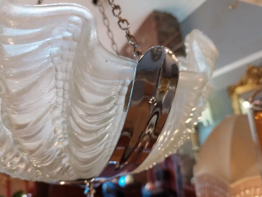 New Pamono Art Deco Clam Shell Frosted Glass and Chrome Hanging Light, 1920s