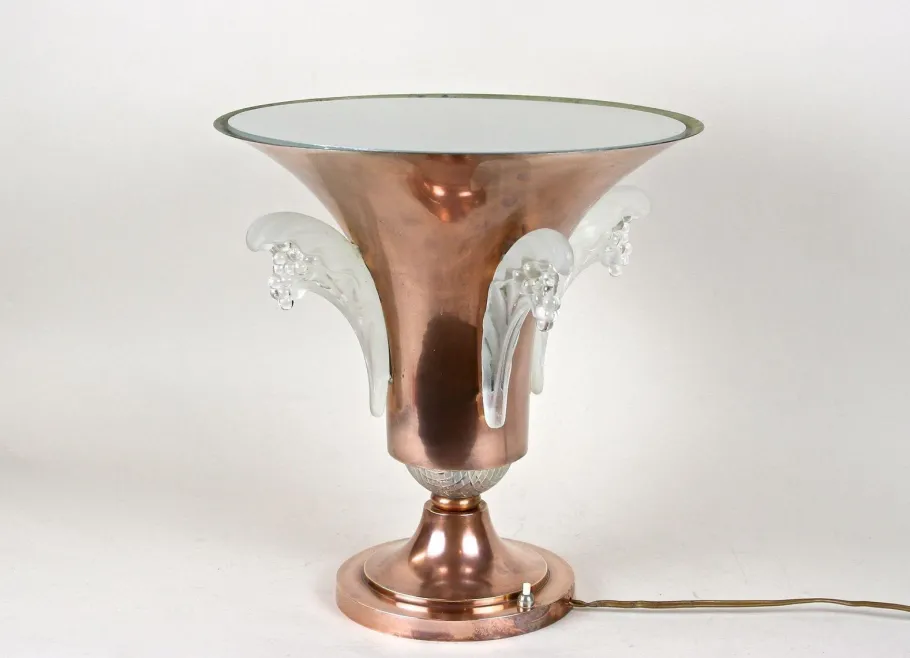 Discount Pamono Art Deco Copper Table Lamp with Lalique Glass Elements, France, 1920s