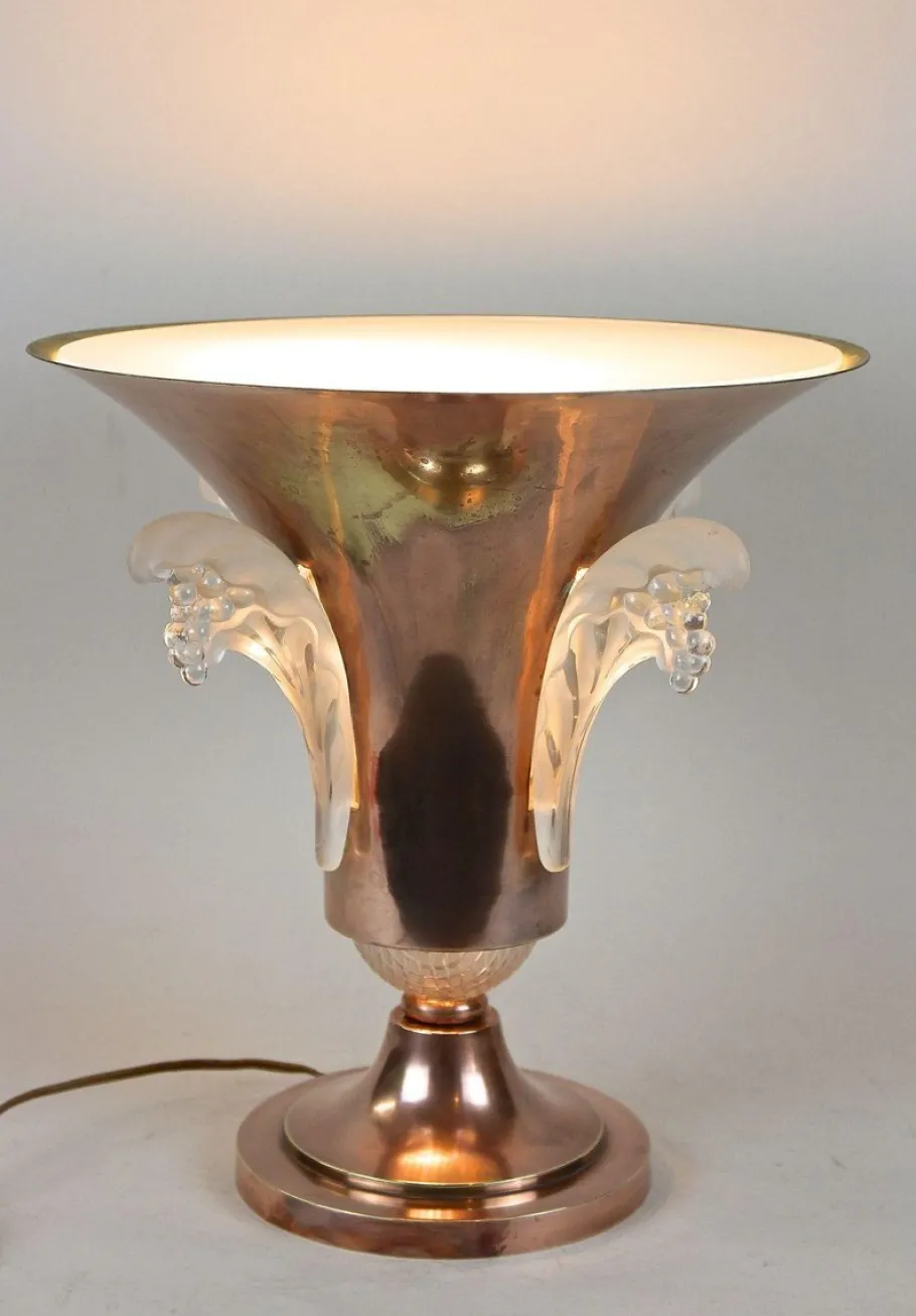 Discount Pamono Art Deco Copper Table Lamp with Lalique Glass Elements, France, 1920s