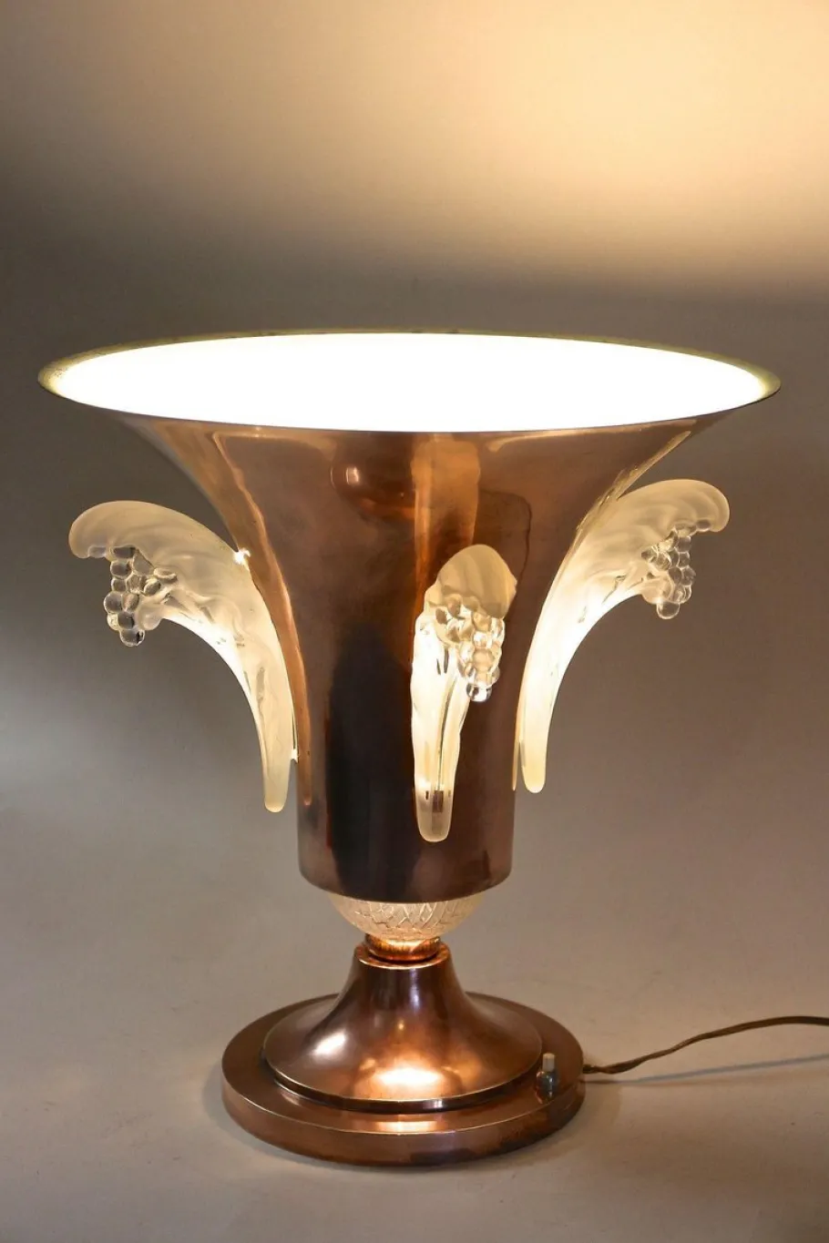Discount Pamono Art Deco Copper Table Lamp with Lalique Glass Elements, France, 1920s