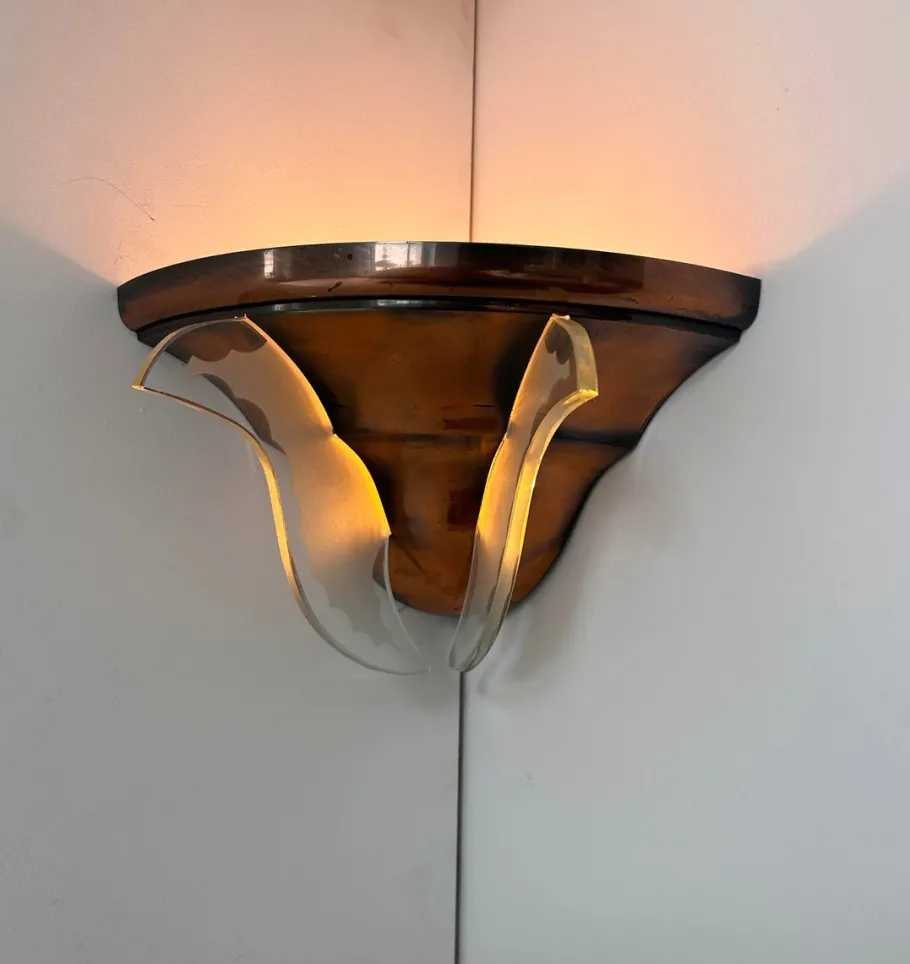 Online Pamono Art Deco Corner Wall Lamp in Copper and Glass, 1930