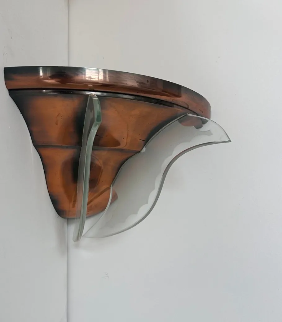 Online Pamono Art Deco Corner Wall Lamp in Copper and Glass, 1930