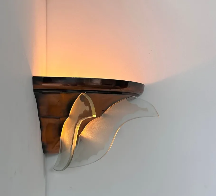 Online Pamono Art Deco Corner Wall Lamp in Copper and Glass, 1930
