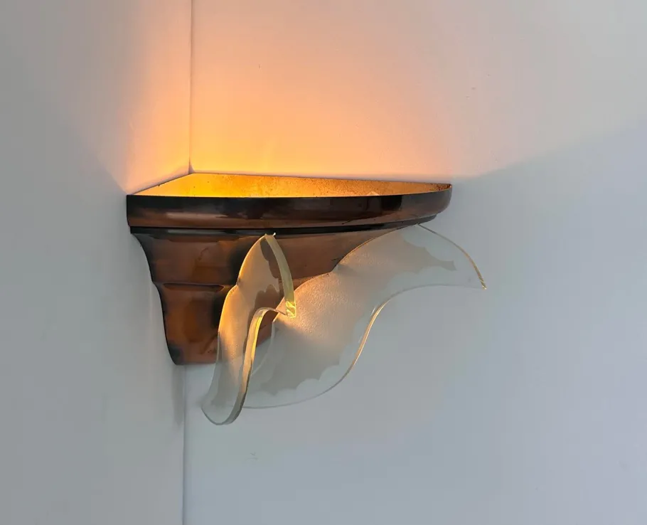Online Pamono Art Deco Corner Wall Lamp in Copper and Glass, 1930