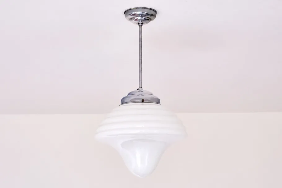 New Pamono Art Deco Drop Shaped Pendant Light in Opal Glass and Nickel from Gispen, Netherlands, 1930s