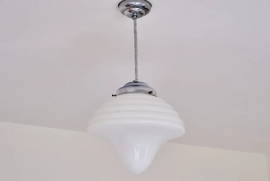 New Pamono Art Deco Drop Shaped Pendant Light in Opal Glass and Nickel from Gispen, Netherlands, 1930s