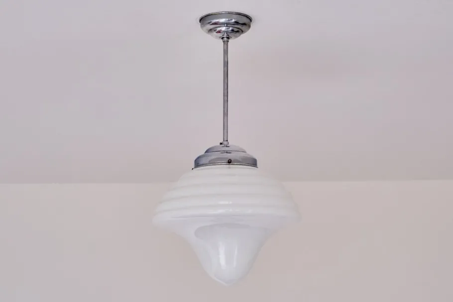 New Pamono Art Deco Drop Shaped Pendant Light in Opal Glass and Nickel from Gispen, Netherlands, 1930s