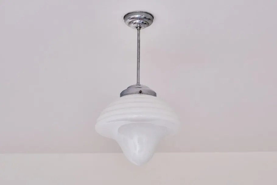 New Pamono Art Deco Drop Shaped Pendant Light in Opal Glass and Nickel from Gispen, Netherlands, 1930s