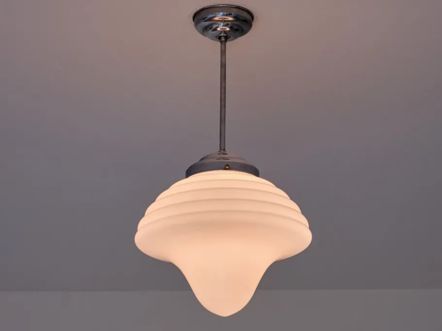 New Pamono Art Deco Drop Shaped Pendant Light in Opal Glass and Nickel from Gispen, Netherlands, 1930s