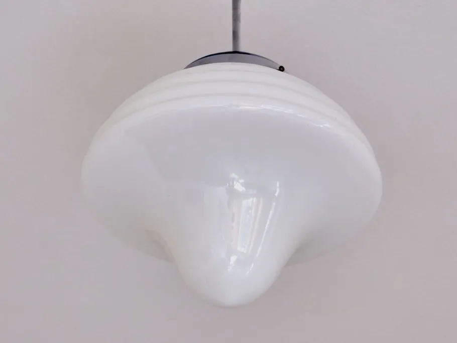 New Pamono Art Deco Drop Shaped Pendant Light in Opal Glass and Nickel from Gispen, Netherlands, 1930s
