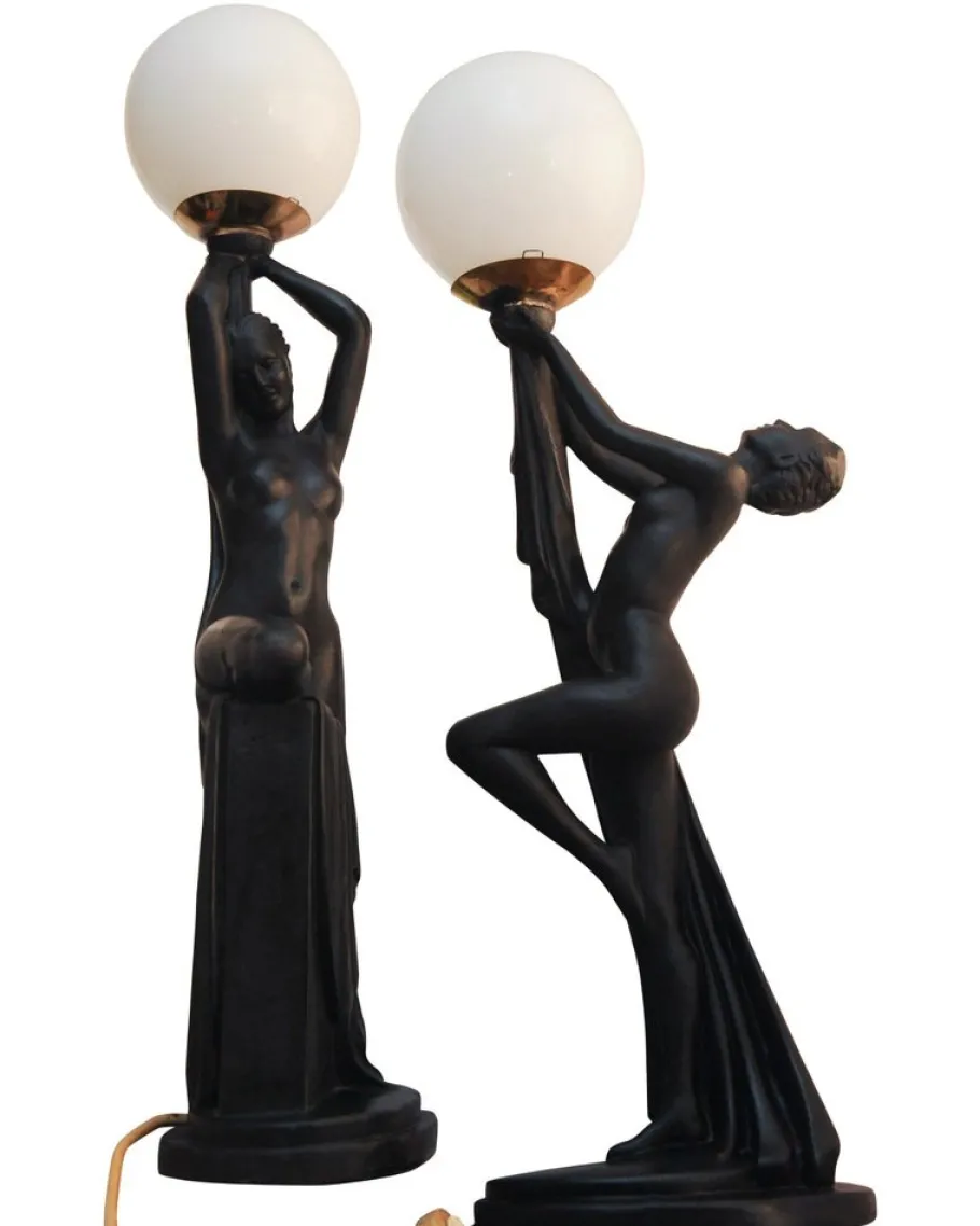 New Pamono Art Deco Ebonized Plaster Nude Feminine Form Table Lamps, 1930s, Set of 2