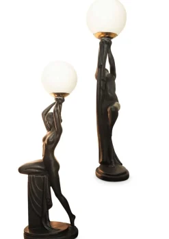 New Pamono Art Deco Ebonized Plaster Nude Feminine Form Table Lamps, 1930s, Set of 2