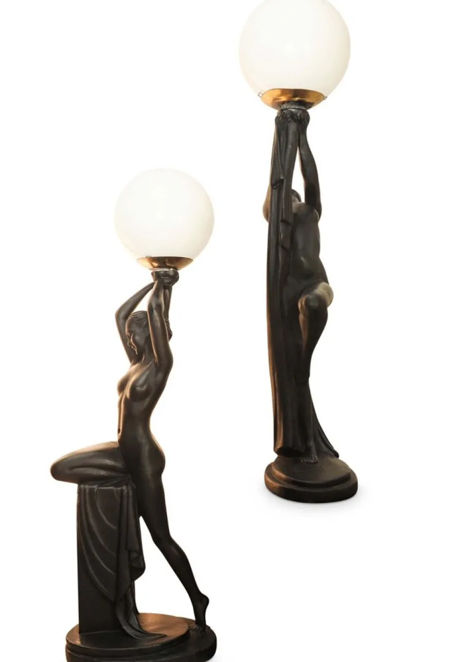 New Pamono Art Deco Ebonized Plaster Nude Feminine Form Table Lamps, 1930s, Set of 2