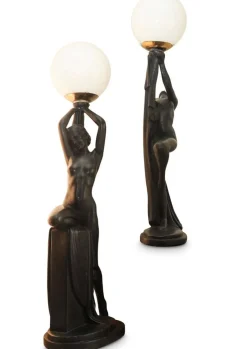 New Pamono Art Deco Ebonized Plaster Nude Feminine Form Table Lamps, 1930s, Set of 2