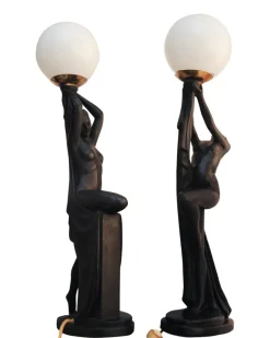 New Pamono Art Deco Ebonized Plaster Nude Feminine Form Table Lamps, 1930s, Set of 2