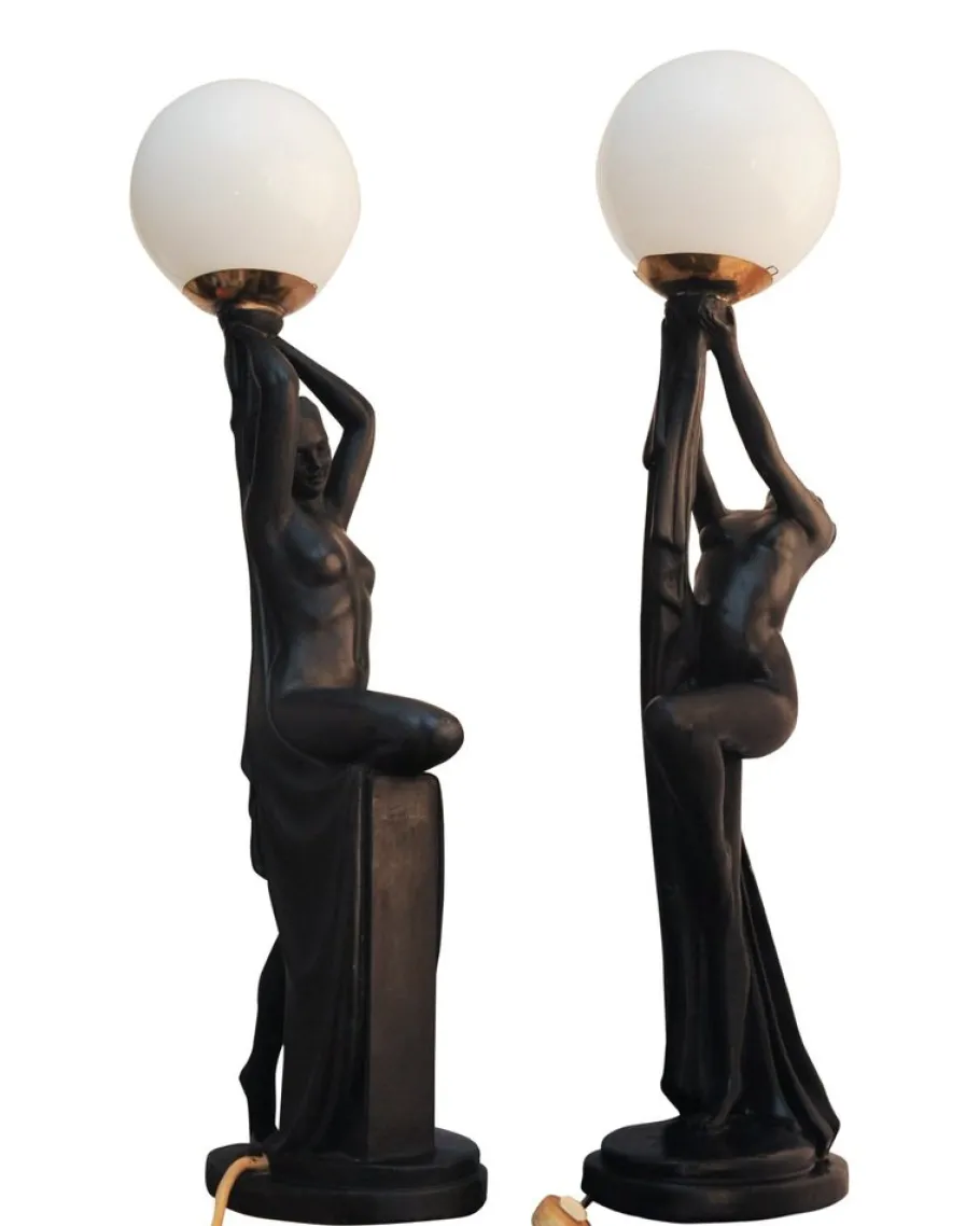 New Pamono Art Deco Ebonized Plaster Nude Feminine Form Table Lamps, 1930s, Set of 2