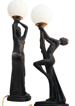 New Pamono Art Deco Ebonized Plaster Nude Feminine Form Table Lamps, 1930s, Set of 2