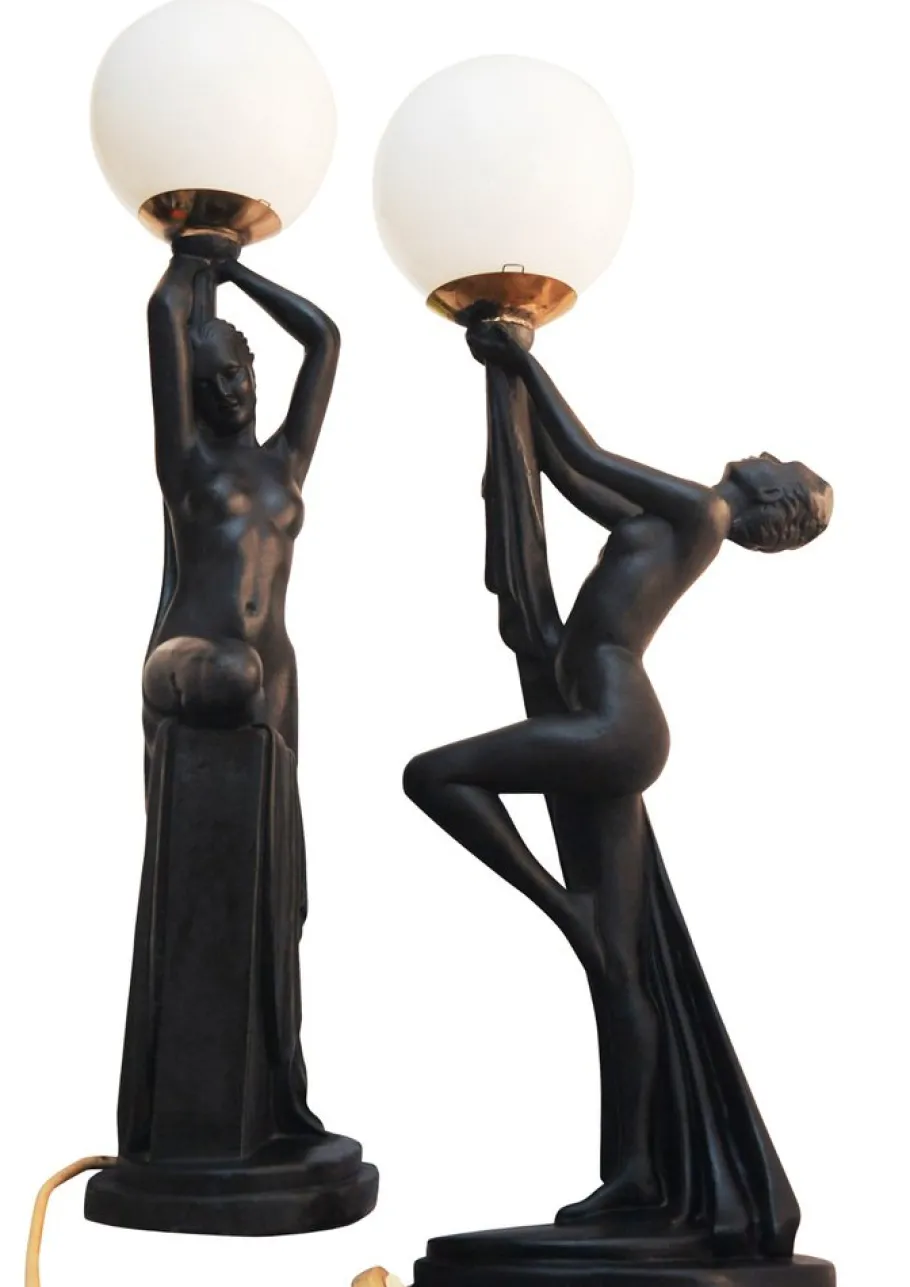 New Pamono Art Deco Ebonized Plaster Nude Feminine Form Table Lamps, 1930s, Set of 2