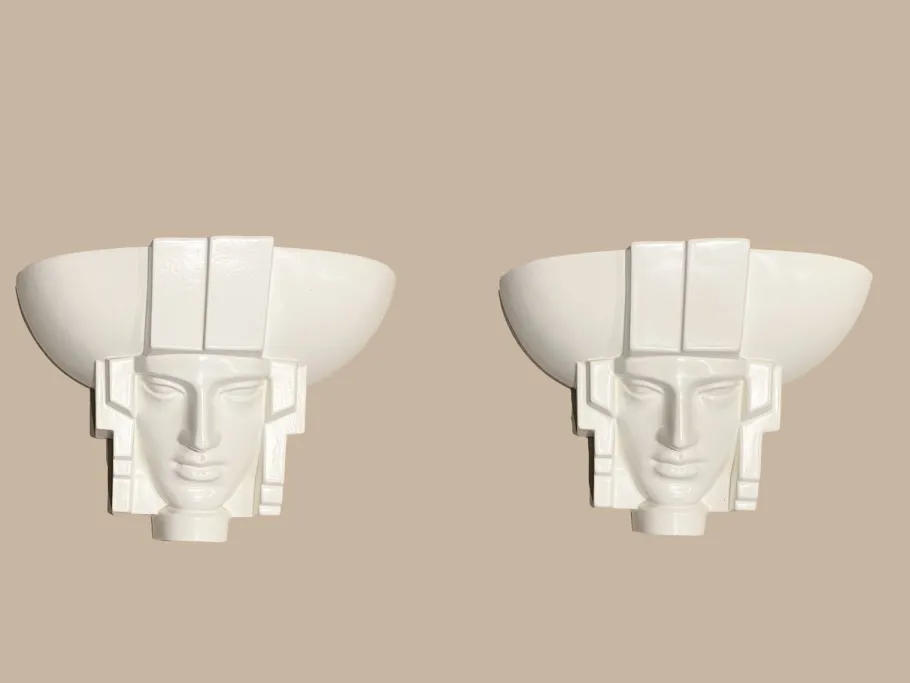 Clearance Pamono Art Deco Egyptian Pharaoh Face Sconce by Saint Clément Ceramic, France, 1960s, Set of 2