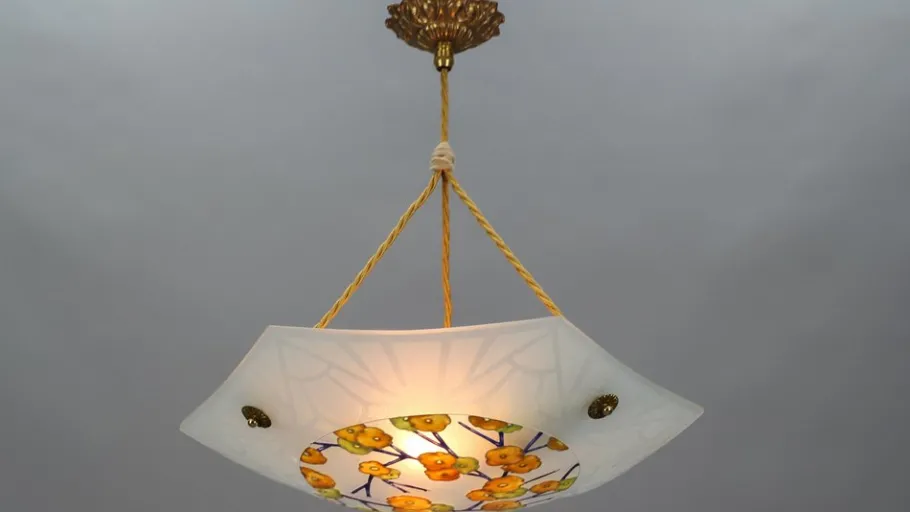 New Pamono Art Deco Enameled and Frosted Glass Pendant Light from Loys Lucha, 1930s