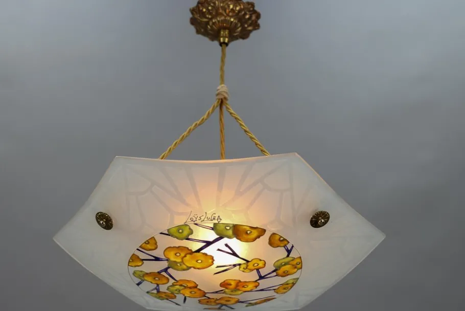 New Pamono Art Deco Enameled and Frosted Glass Pendant Light from Loys Lucha, 1930s