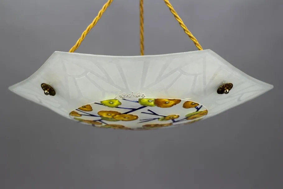 New Pamono Art Deco Enameled and Frosted Glass Pendant Light from Loys Lucha, 1930s