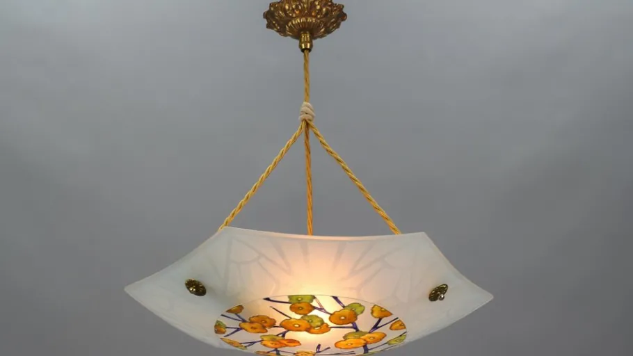 New Pamono Art Deco Enameled and Frosted Glass Pendant Light from Loys Lucha, 1930s