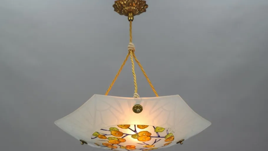New Pamono Art Deco Enameled and Frosted Glass Pendant Light from Loys Lucha, 1930s