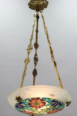 Best Pamono Art Deco Enameled Floral Glass and Bronze Pendant Light from Loys Lucha, 1930s