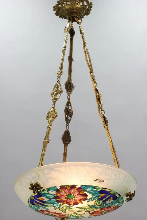Best Pamono Art Deco Enameled Floral Glass and Bronze Pendant Light from Loys Lucha, 1930s