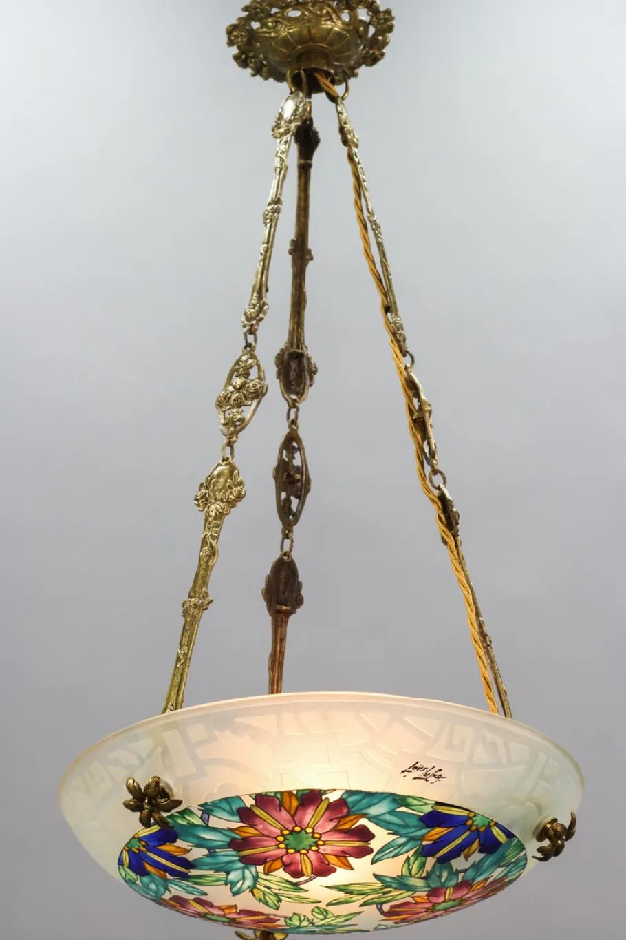 Best Pamono Art Deco Enameled Floral Glass and Bronze Pendant Light from Loys Lucha, 1930s