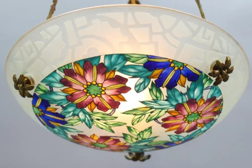 Best Pamono Art Deco Enameled Floral Glass and Bronze Pendant Light from Loys Lucha, 1930s