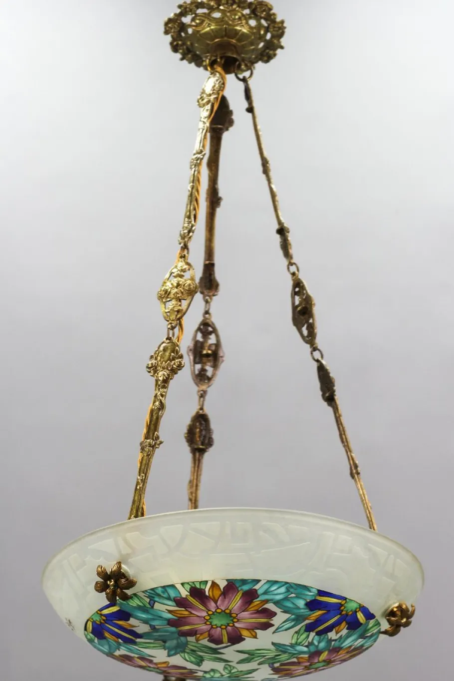 Best Pamono Art Deco Enameled Floral Glass and Bronze Pendant Light from Loys Lucha, 1930s