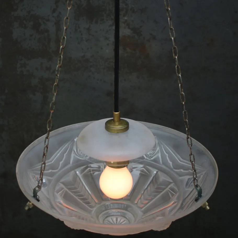 Best Pamono Art Deco French Brass and Etched Clear Glass Pendant Light, 1920s
