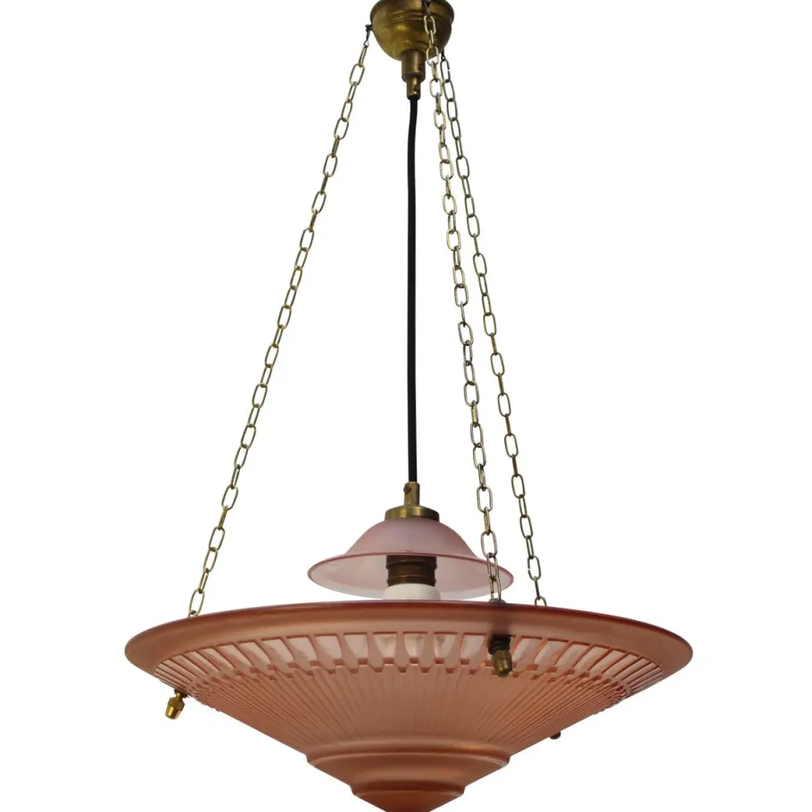 Online Pamono Art Deco French Brass and Etched Red Pink Glass Pendant Light, 1920s
