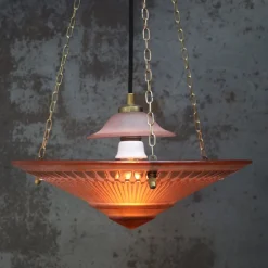 Online Pamono Art Deco French Brass and Etched Red Pink Glass Pendant Light, 1920s