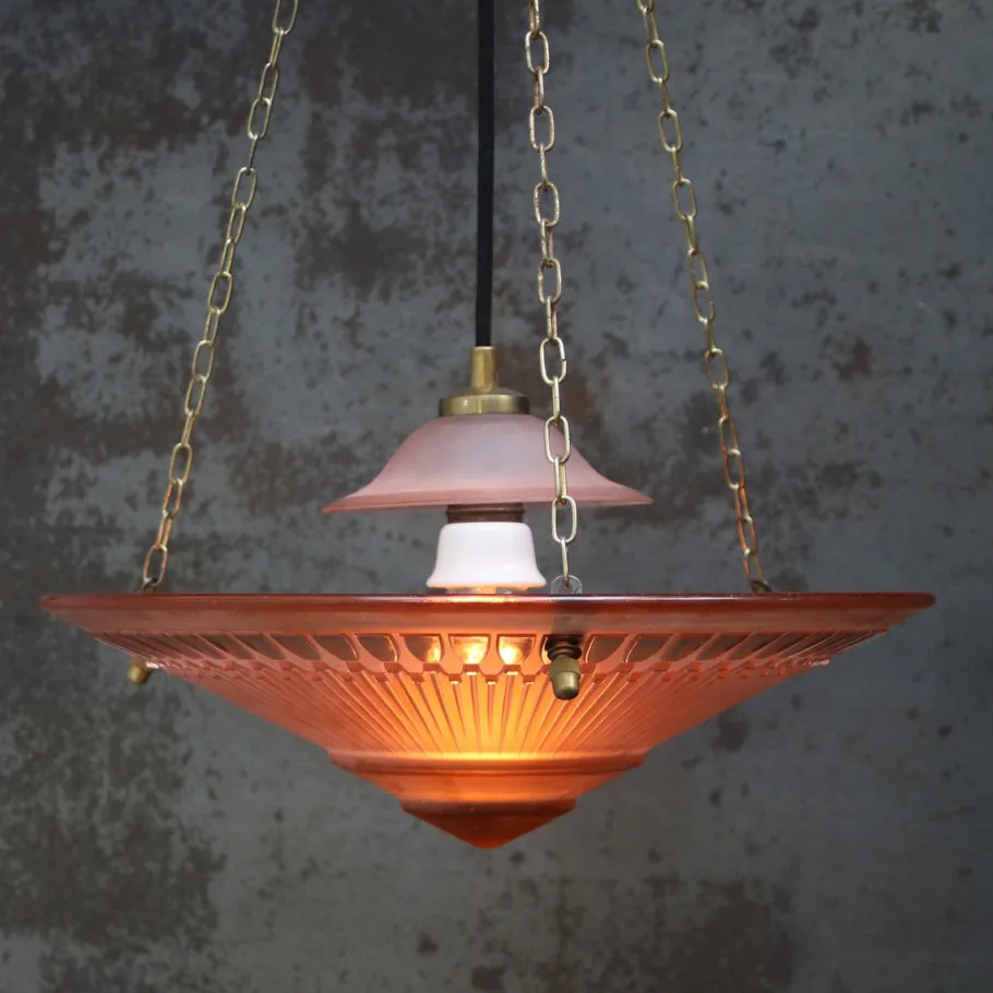 Online Pamono Art Deco French Brass and Etched Red Pink Glass Pendant Light, 1920s
