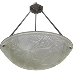 New Pamono Art Deco French Chromed Brass and Frosted Glass Pendant Light by Noverdy, 1930s