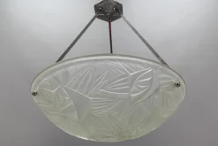 New Pamono Art Deco French Chromed Brass and Frosted Glass Pendant Light by Noverdy, 1930s
