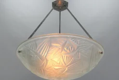 New Pamono Art Deco French Chromed Brass and Frosted Glass Pendant Light by Noverdy, 1930s