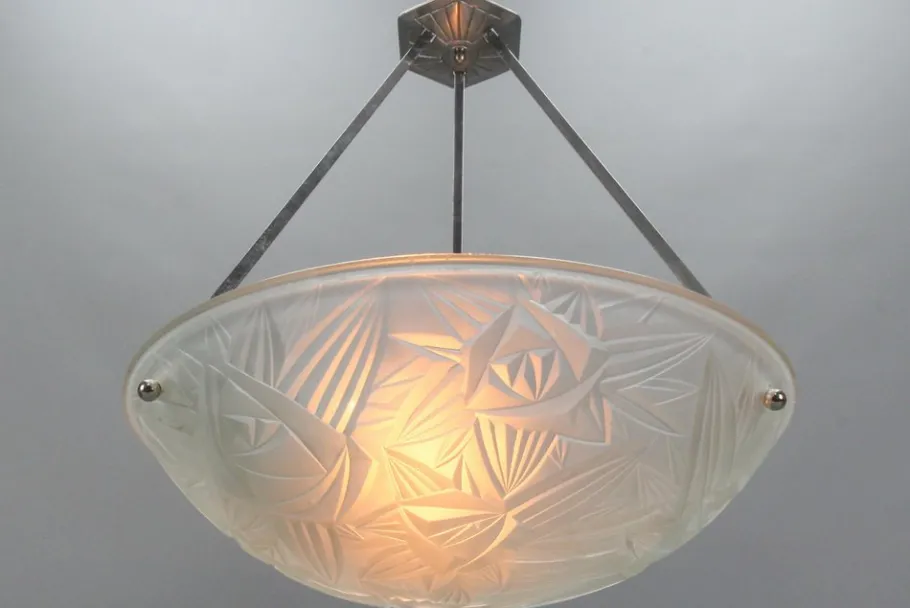 New Pamono Art Deco French Chromed Brass and Frosted Glass Pendant Light by Noverdy, 1930s