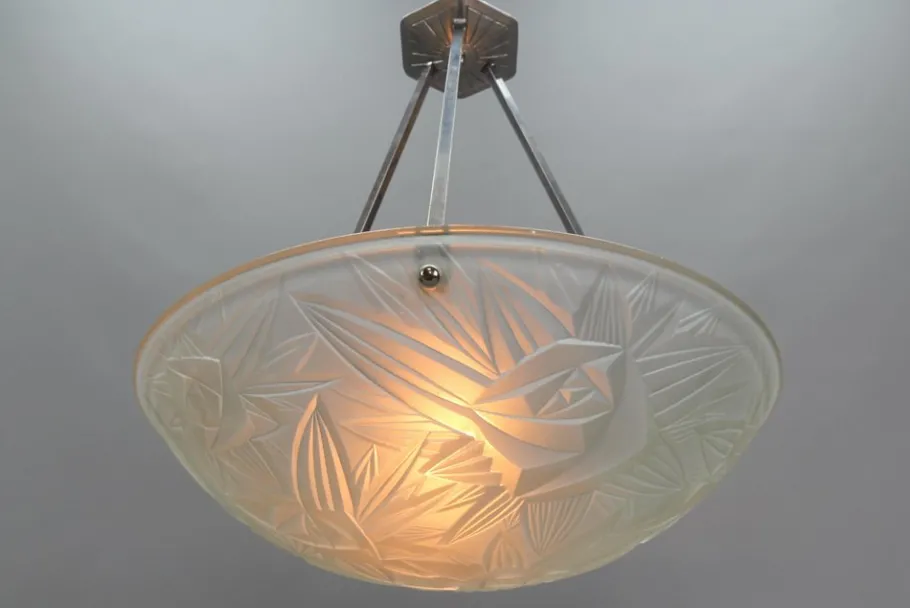 New Pamono Art Deco French Chromed Brass and Frosted Glass Pendant Light by Noverdy, 1930s