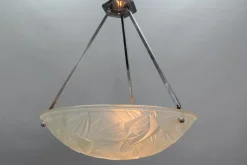 New Pamono Art Deco French Chromed Brass and Frosted Glass Pendant Light by Noverdy, 1930s