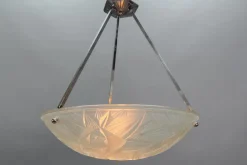 New Pamono Art Deco French Chromed Brass and Frosted Glass Pendant Light by Noverdy, 1930s