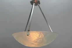 New Pamono Art Deco French Chromed Brass and Frosted Glass Pendant Light by Noverdy, 1930s